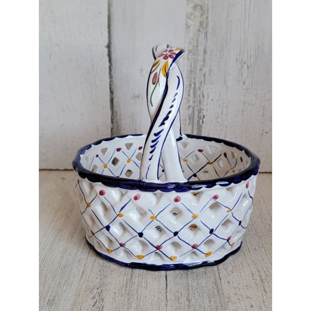 Portugal ceramic floral basket vintage home decor unique‎